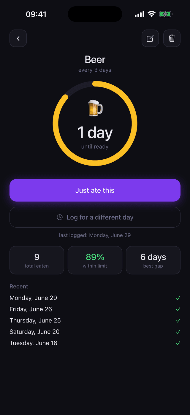 Product detail screen with a cooldown ring counting down five days until bacon is ready